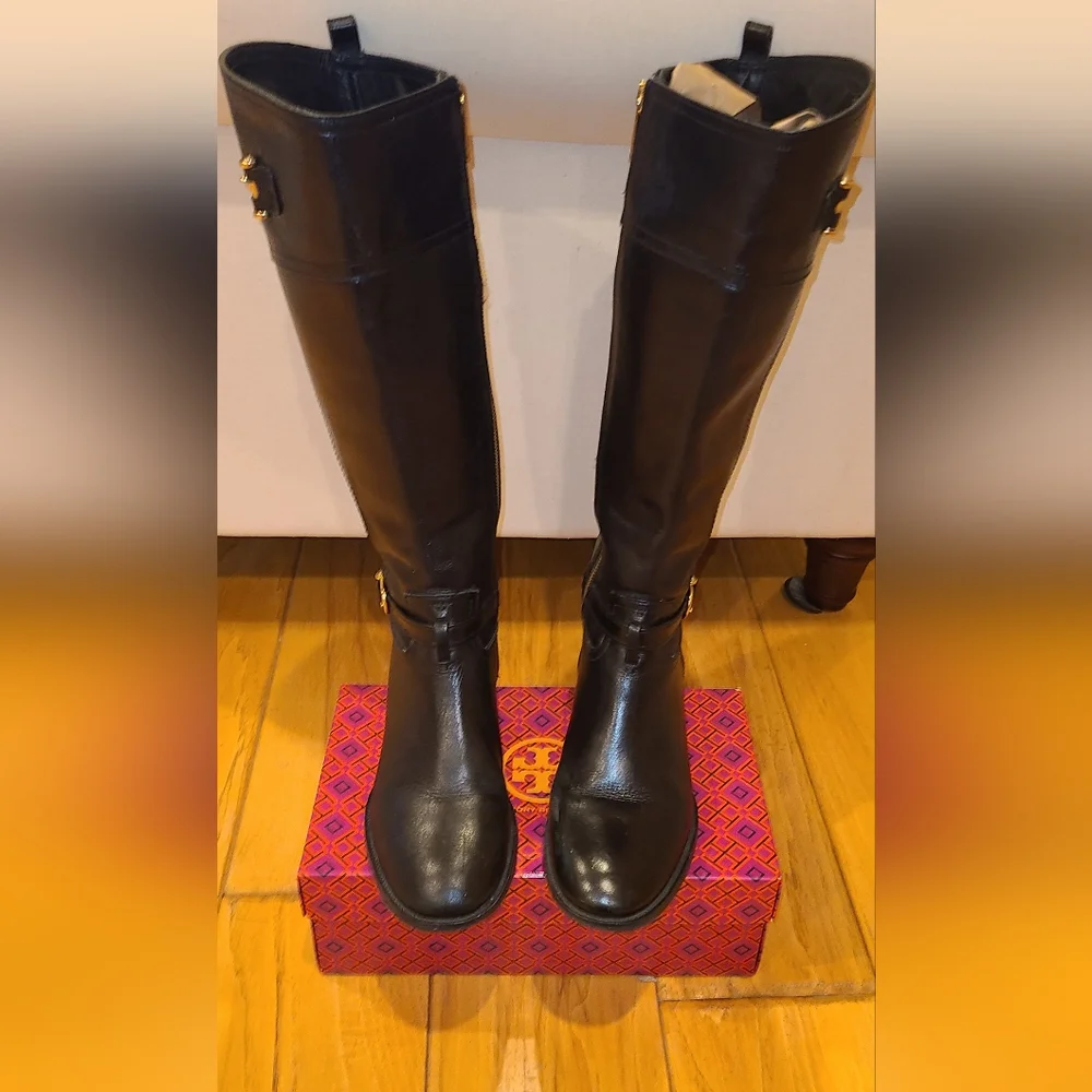 Tory Burch Designer Nadine Black Leather Tall Riding Boots 8 - Picture 3 of 10